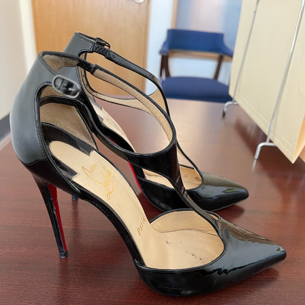 Christian Louboutin T Strap Black Patent Leather Heels